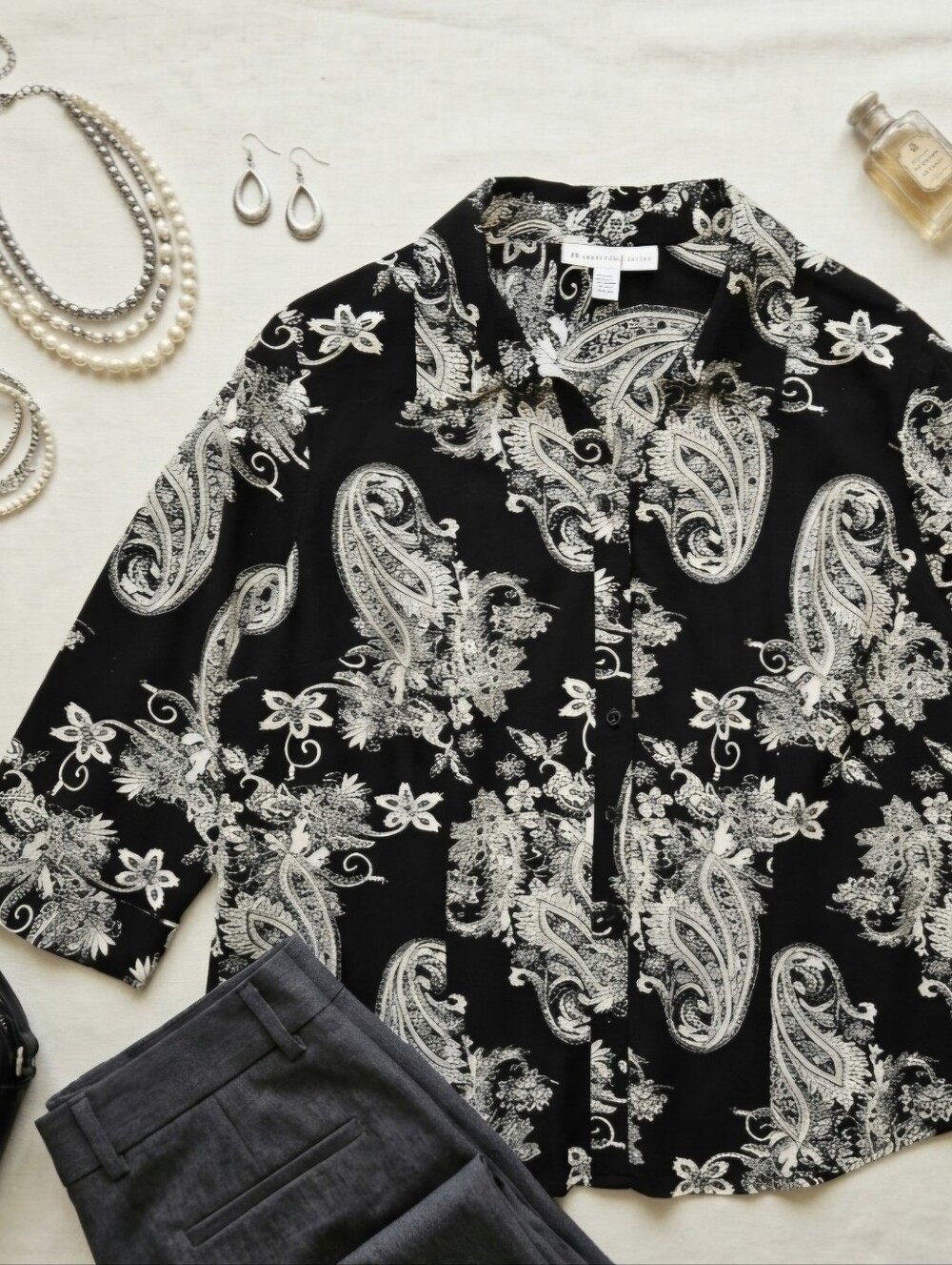 JM Collection Black & White Paisley Button Down Blouse Shirt 3/4 Sleeve Size 12P